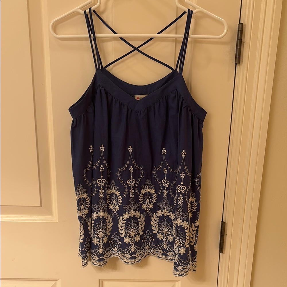 Blue and White Embroidered Women's Top (Tank)